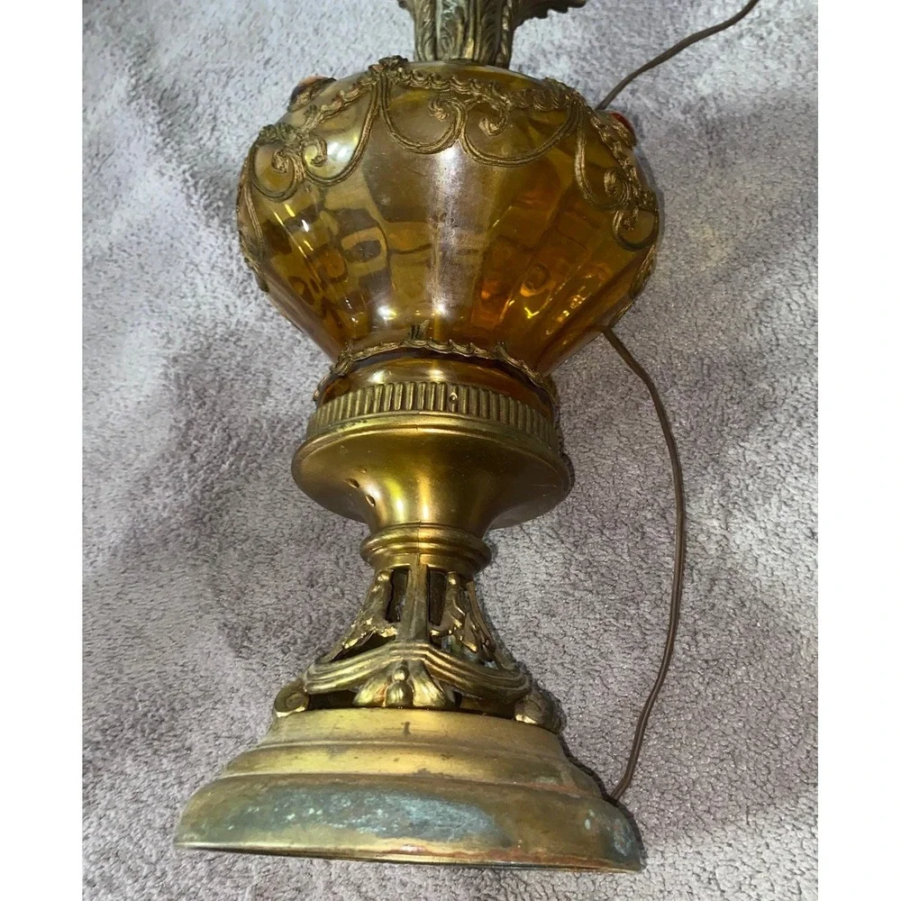 Vintage‎ Amber Glass&Brass Table Lamp Falkenstein Hollywood Regency Jeweled Lamp